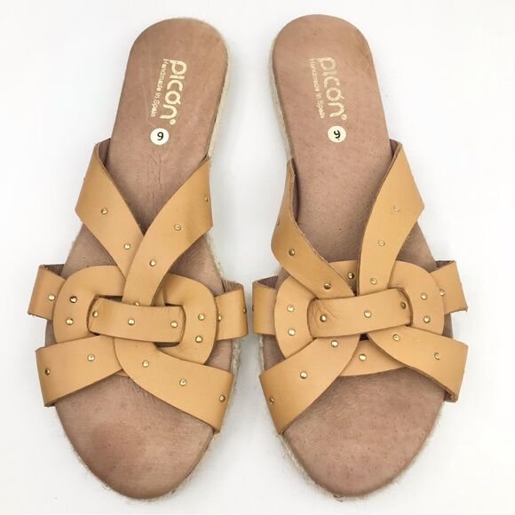 Picon Golden Brown Leather Strappy Espadrille Slide Sandals - Picture 2 of 13